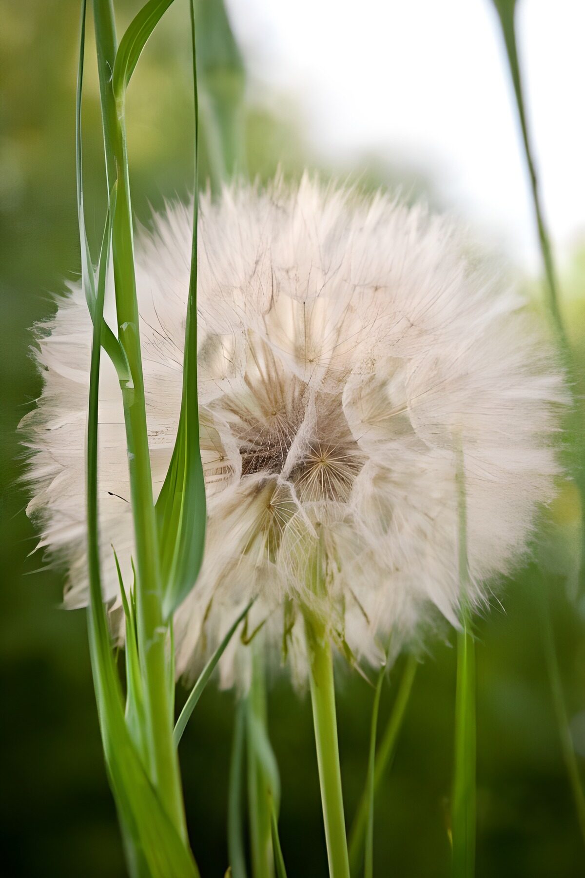 Witte zaadbol tussen groene sprieten