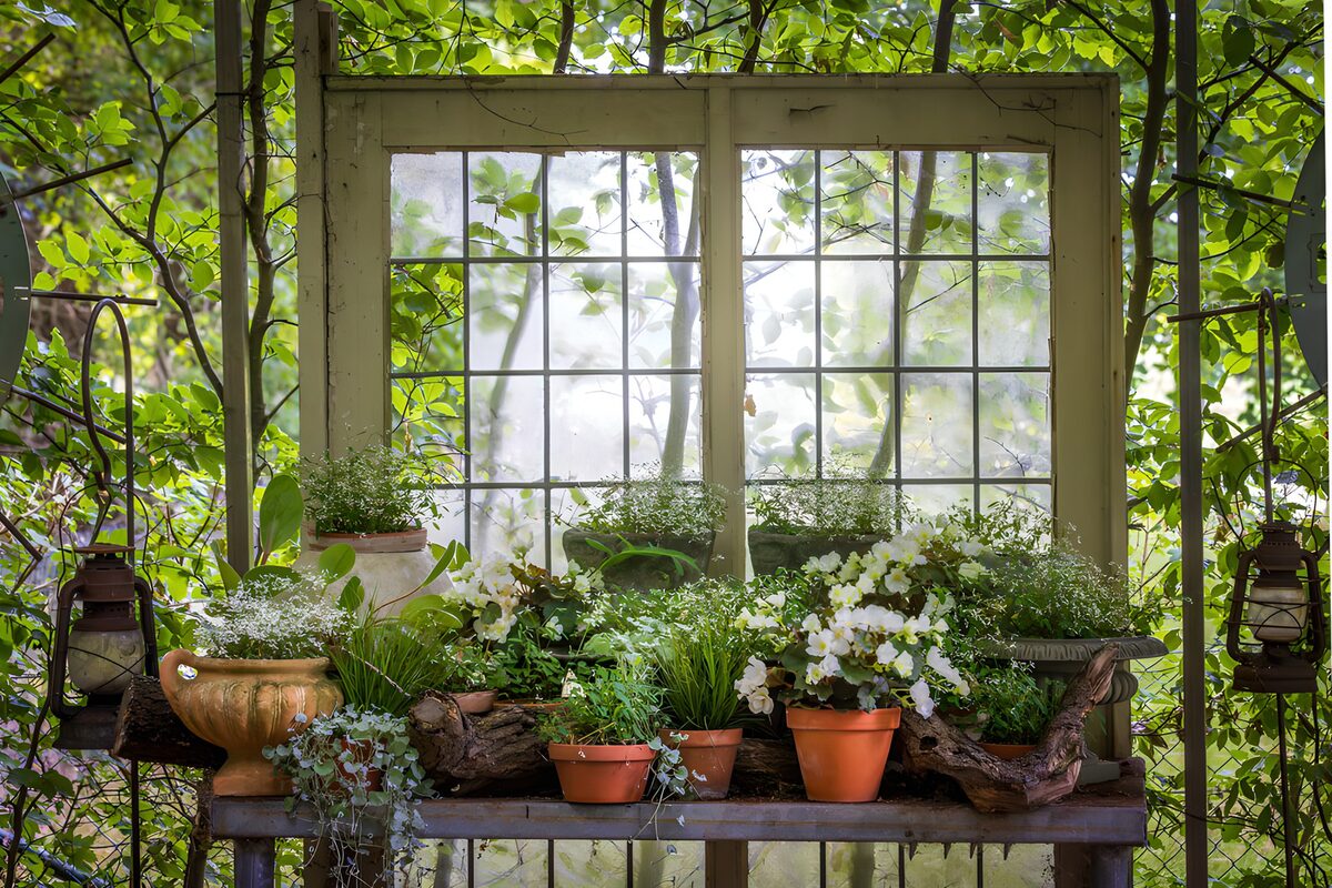 Oud tuinraam met potten vol groen