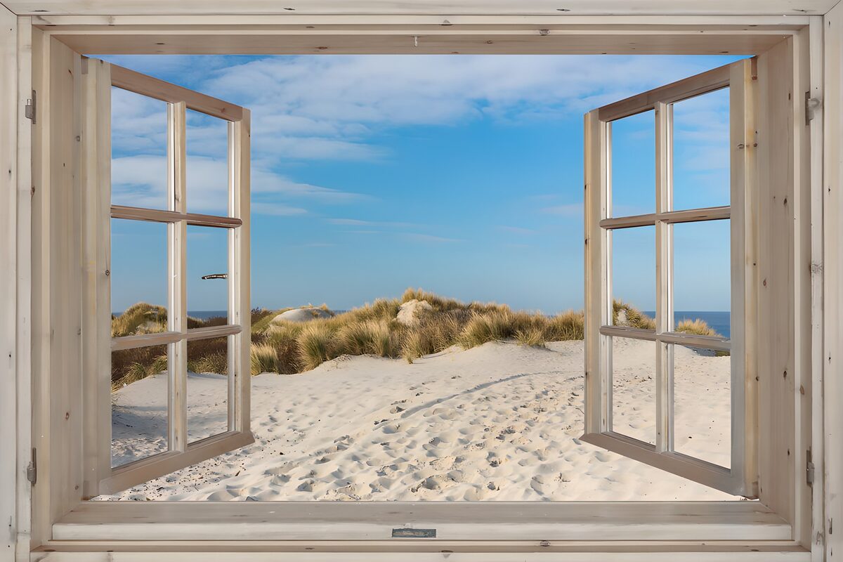 Open raam met uitzicht op de duinen